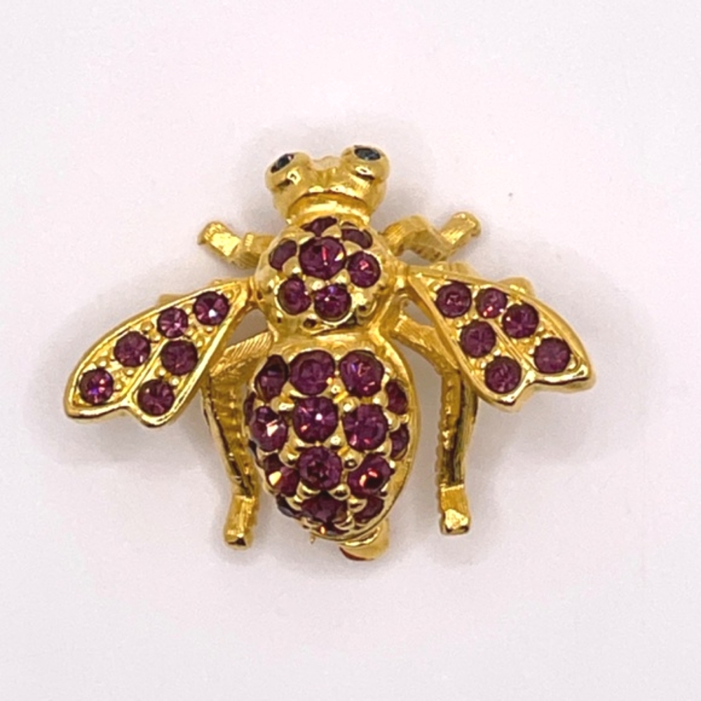 Joan Rivers Signed Vintage Gold Tone Purple Rhinestone Bee Bug Pin Brooch